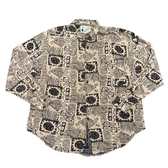 Goouch Vintage 90s Abstract Button Up Long Sleeve Shirt Beige Black Rayon Large - Picture 1 of 5